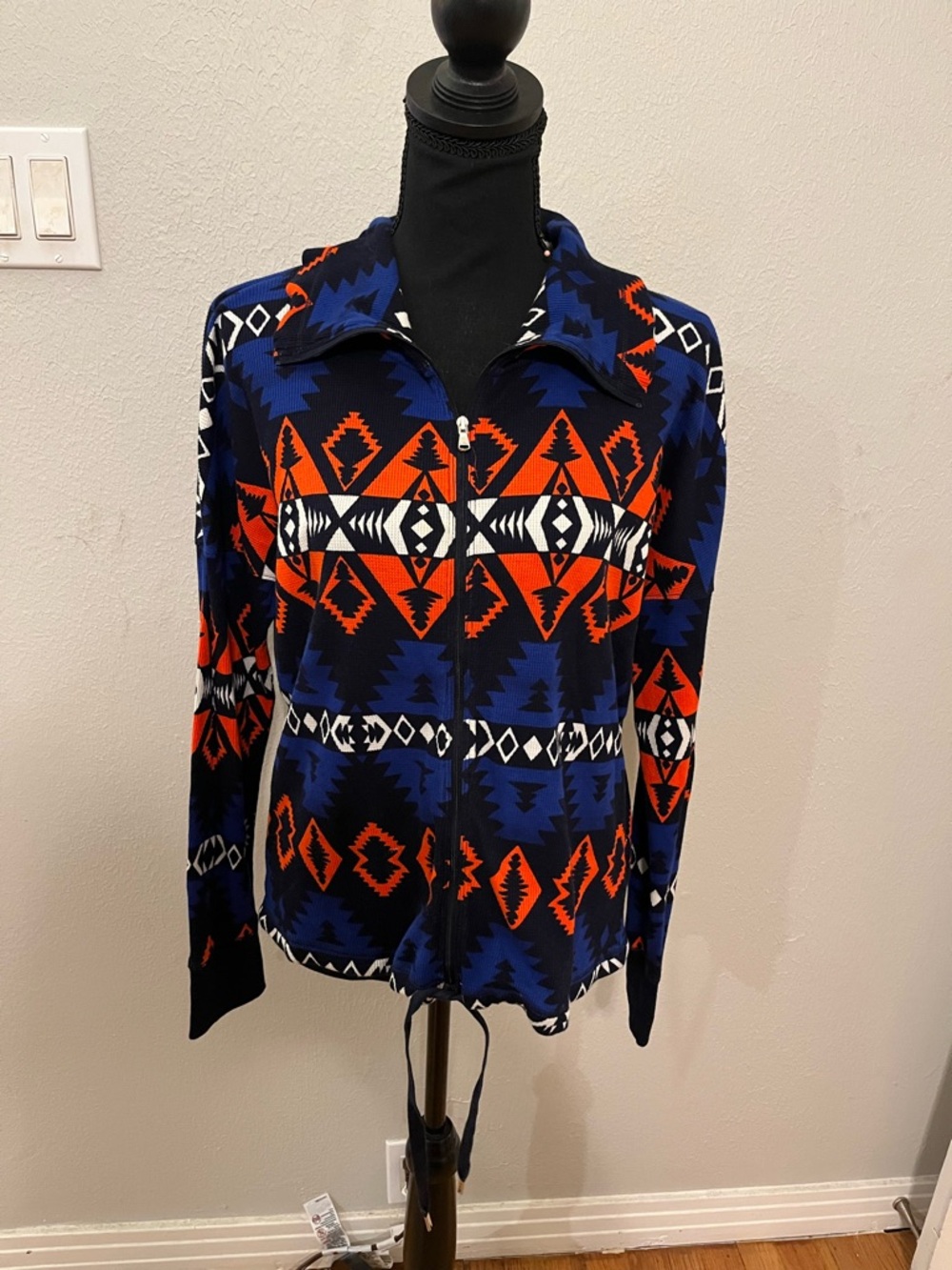 Lauren Ralph Lauren Active Sweater Women M Navy Multi Tribal Zip Up Waffle Knit